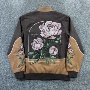 Carmico Flower Bomber Jacket Mens Medium Brown Peony Embroidered Faux Suede